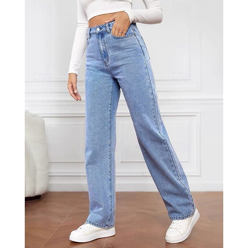 Women's Jeans Chinos Straight Vacation Vintage Streetwear Full Length Medium Waist Plain Pocket Elastic Waist Comfortable Inelastic Micro-elastic Outdoor Street Daily Black Grey Navy Black White Fall2