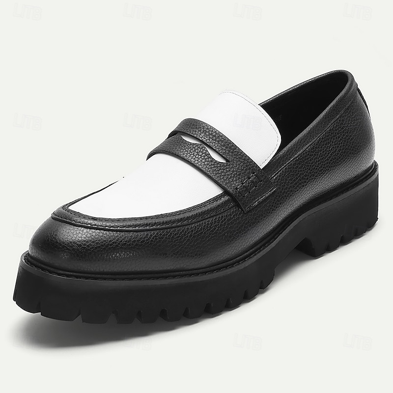 Men's Black and White Loafers – Genuine Leather Slip-On Shoes with Contrast Panel, Comfortable Business Casual Footwear for Office, Travel and Daily Wear2
