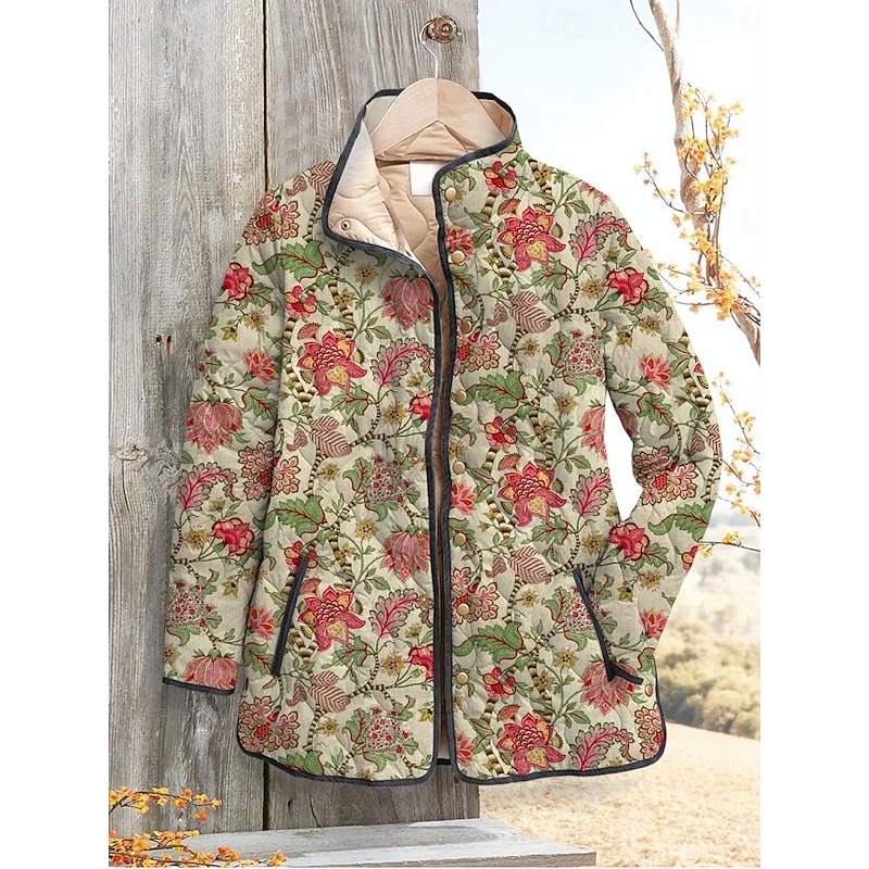 Women's Winter Jacket Puffer Jacket Warm Comfortable Pocket Buttons Print Fashion Daily Outdoor Floral Vacation Casual Daily Single Breasted Regular Stand Collar Regular Fit Long Sleeve Outerwear4