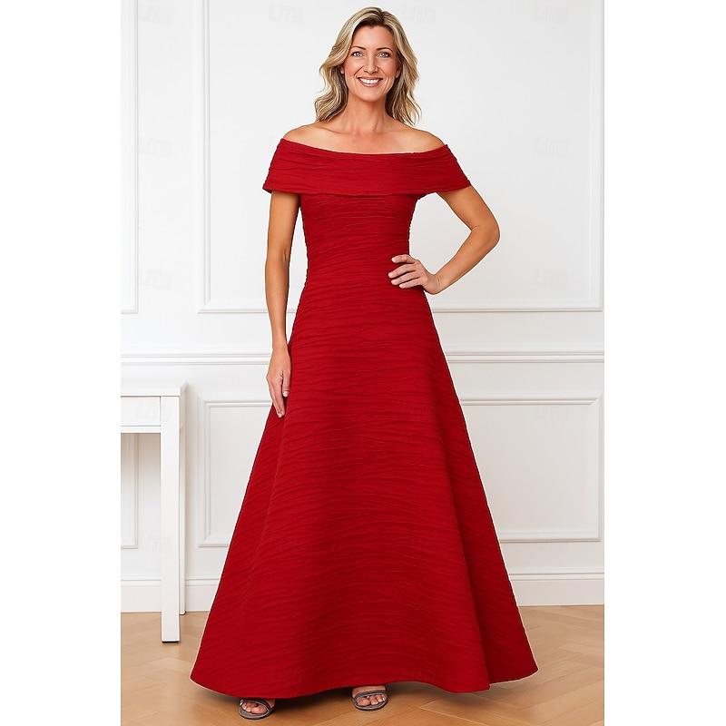 Red Blue A-Line Evening Gown Elegant Formal Dress Formal Wedding Floor Length Short Sleeve Off Shoulder Pocket Taffeta with Pocket 2025