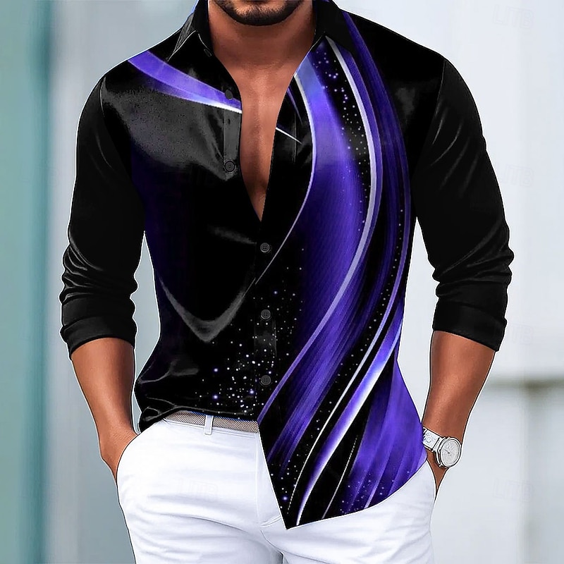 Men's Geometric Gradient Waves Shirt Satin Shirt Dress Shirt Long Sleeve Fashion Casual Vacation Dailywear Summer Spring Fall Turndown 3D Print Button Up Shirts Black / Green Black / Purple Black-Red4