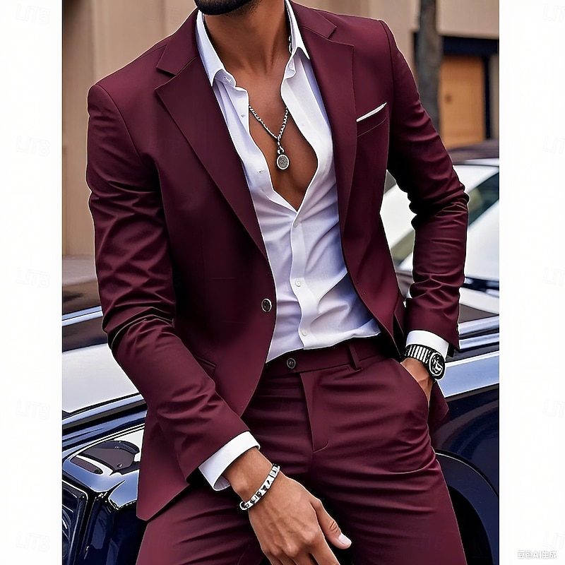 Men's Wedding Wedding Suits Notch Lapel Burgundy Formal Solid Colored Slim Fit 2 Piece