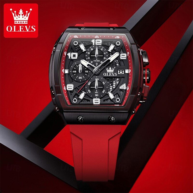 OLEVS 2976 Mens Watch Fashion Silicone Strap Tonneau Chronograph Quartz Watch Waterproof Luminous Sports Date Watches2