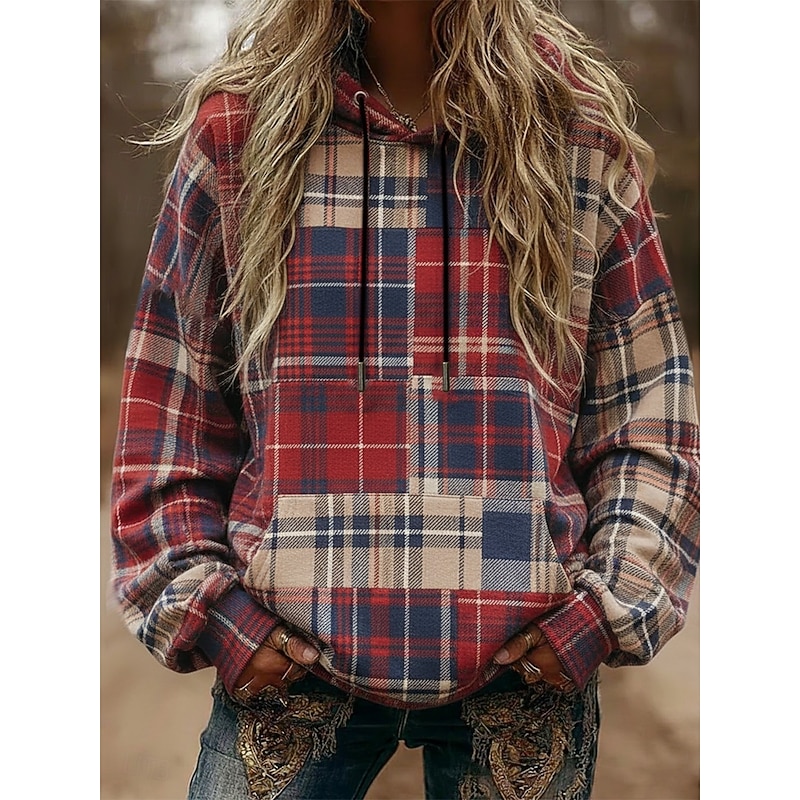 Women's Pullover Hoodies Plaid Fashion Streetwear Casual Long Sleeve Hooded Regular Tops Dailywear Casual Sports Drawstring Pocket Print Red Spring Fall