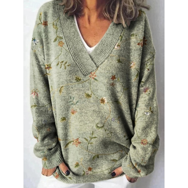 Women's Sweater Casual Soft Floral Ribbed V Neck Knitted Long Sleeve Regular Tops Knit Outdoor Daily Weekend Blue Fuchsia Fall Winter2