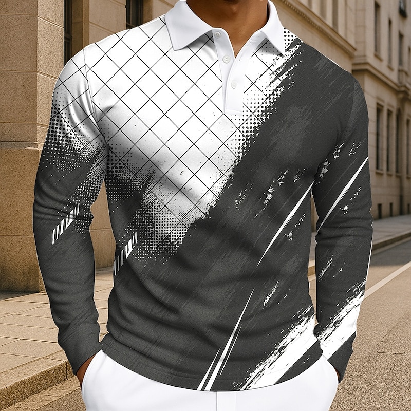 Men's Geometic Line Polo Long Sleeve Polo Shirts Lapel Business Casual Athleisure Daily Wear 3D Print Buttons Spring Fall Winter Blue Purple Green2
