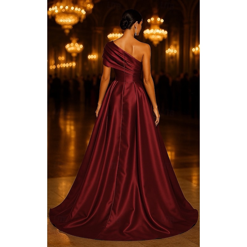 Black Tie Burgundy A-Line Evening Gown Elegant Formal Dress Formal Wedding Sweep / Brush Train Sleeveless One Shoulder Stretch Satin with Ruched Overskirt 20252