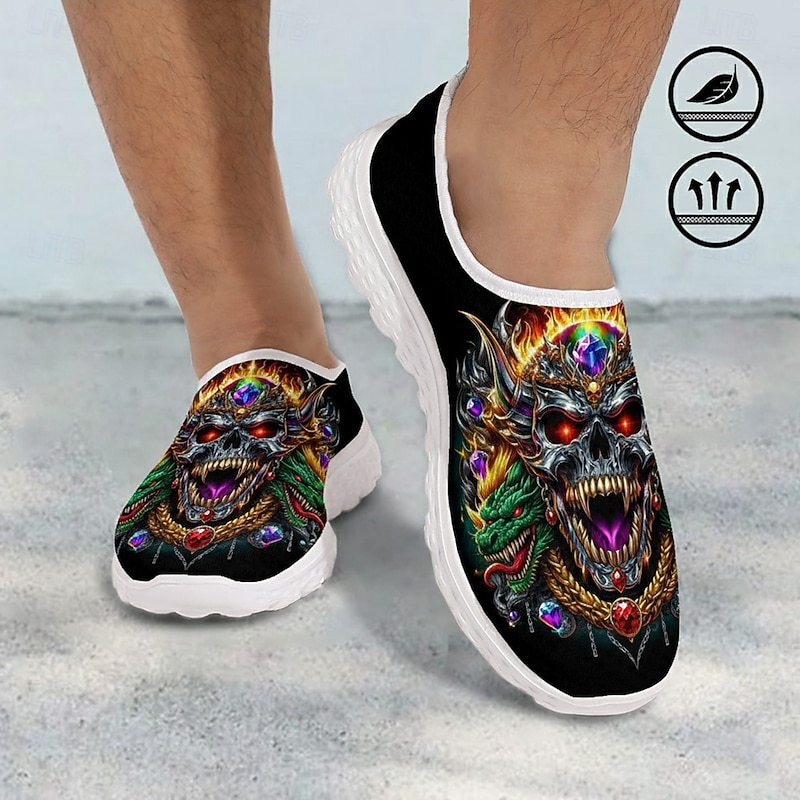 Men's Breathable Slip-On Sneakers with Skull and Dragon Print – Gothic Casual Shoes for Halloween & Streetwear2