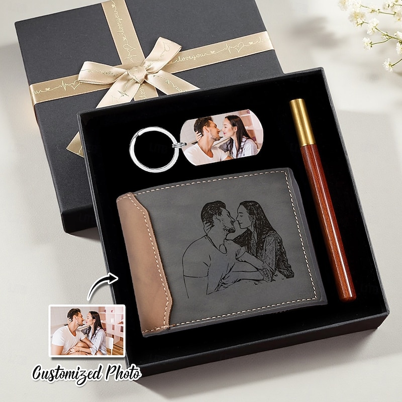 Personalized Photo Wallet and Keychain Christmas Gift Set Custom Engraved Leather Wallet Gift for Dad, Bifold Wallet for Men, Husband, Son, Father's Day, Birthday