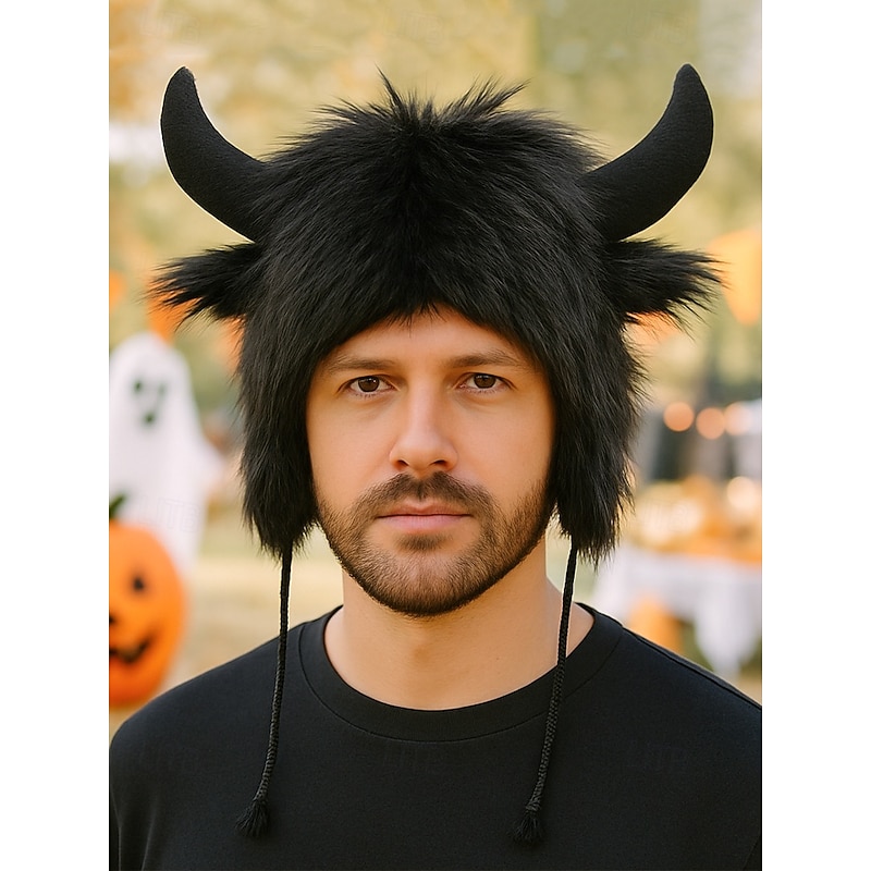 Unisex Halloween Plush Horn Hat – Furry Viking Bull Costume Cap with Warm Lining for Men and Women Cosplay, Party and Winter Wear2