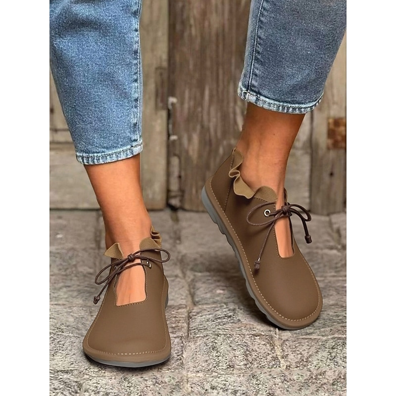 Women's Wide Width Khaki Lace-Up Flats with Ruffle Design – Comfortable Casual Shoes for Daily Wear