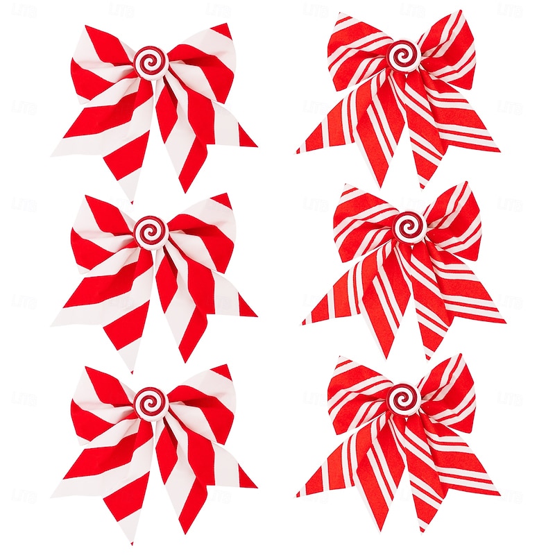6pcs Christmas Bows Ornaments, Red and White Striped Candy Bows for Christmas Tree Decoration, Holiday Window Display2