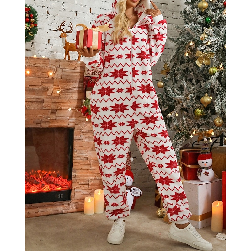 Women's Normal Jumpsuit Streetwear Floral Long Sleeve Hooded Zipper Print Christmas Vacation Regular Fit Red Fall3