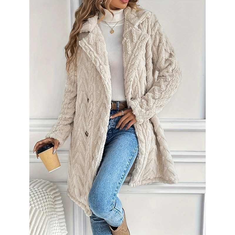 Women's Winter Coat Sherpa Jacket Comfortable Breathable Buttons Casual Plain Vacation Street Casual Daily Wear Single Breasted Long Turndown Regular Fit Long Sleeve Outerwear Beige Spring Fall