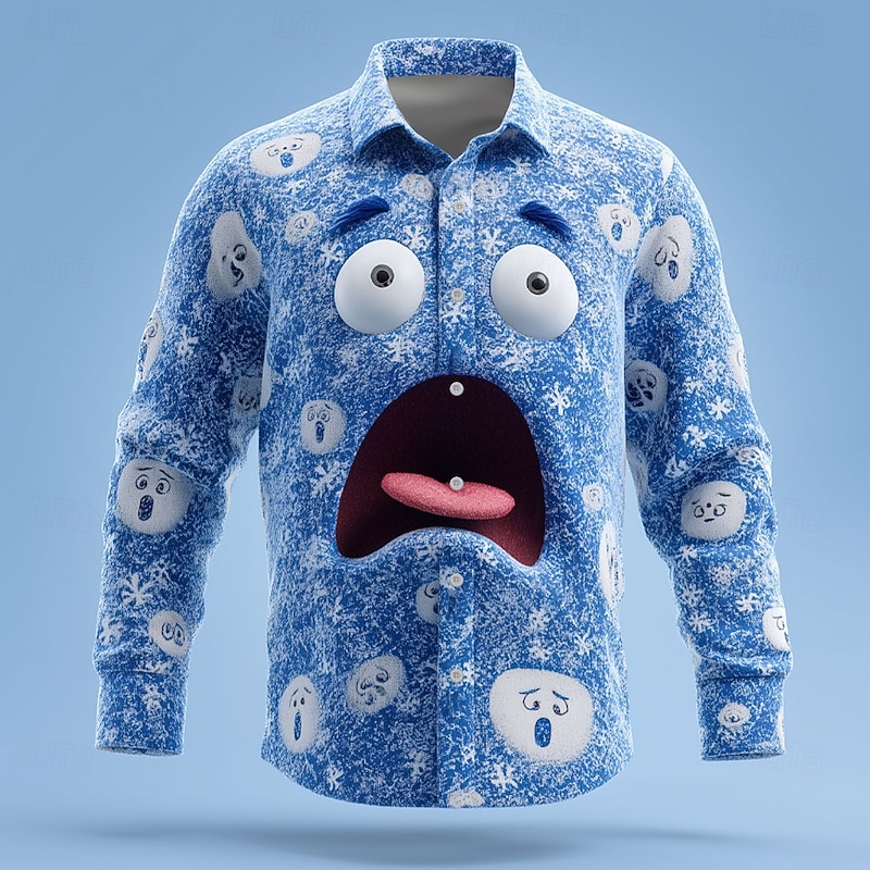 Christmas Men's 3D Cartoon Snowflake Smile Face Shirt Button Up Shirt Long Sleeve Funny Outdoor Holiday Spring Fall Turndown 3D Print Collared Shirts Pink Blue Green Light Blue