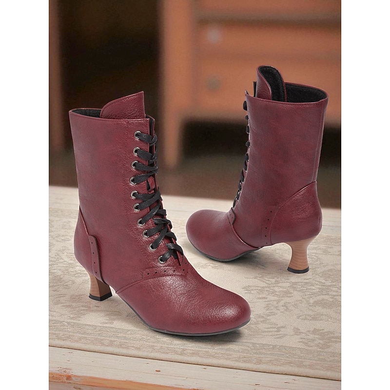 Women's 1950s Brogue Lace-Up Ankle Boots – Vintage Burgundy Leather Low Heel Retro Booties for Elegant Daily, Cosplay and Formal Party Wear2