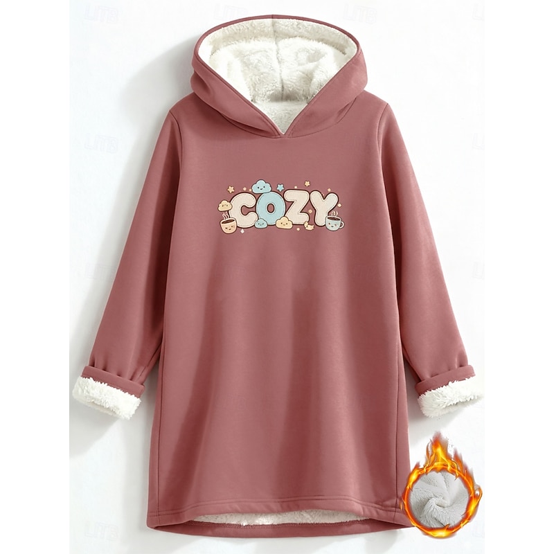 Women's Pullover Hoodie Sweatshirt Letter Warm Casual Sherpa Fleece Long Sleeve Hooded Long Tops Street Dailywear Casual Print Dark Pink Gray Fall Winter2