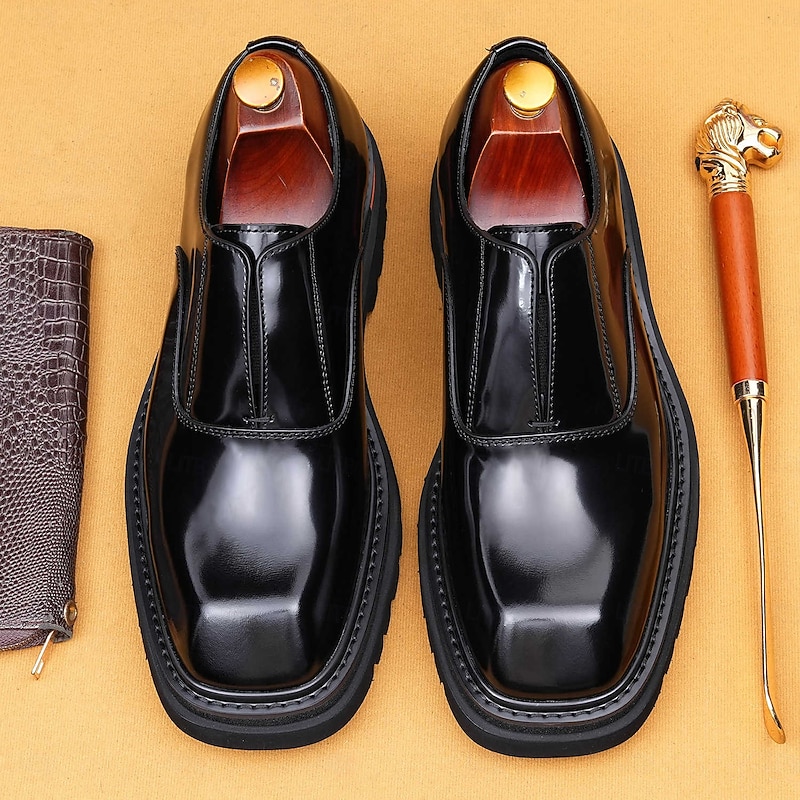 Men's Glossy Brown Leather Loafers – Classic Slip-On Business Shoes with Square Toe for Work, Banquets and Special Occasions2