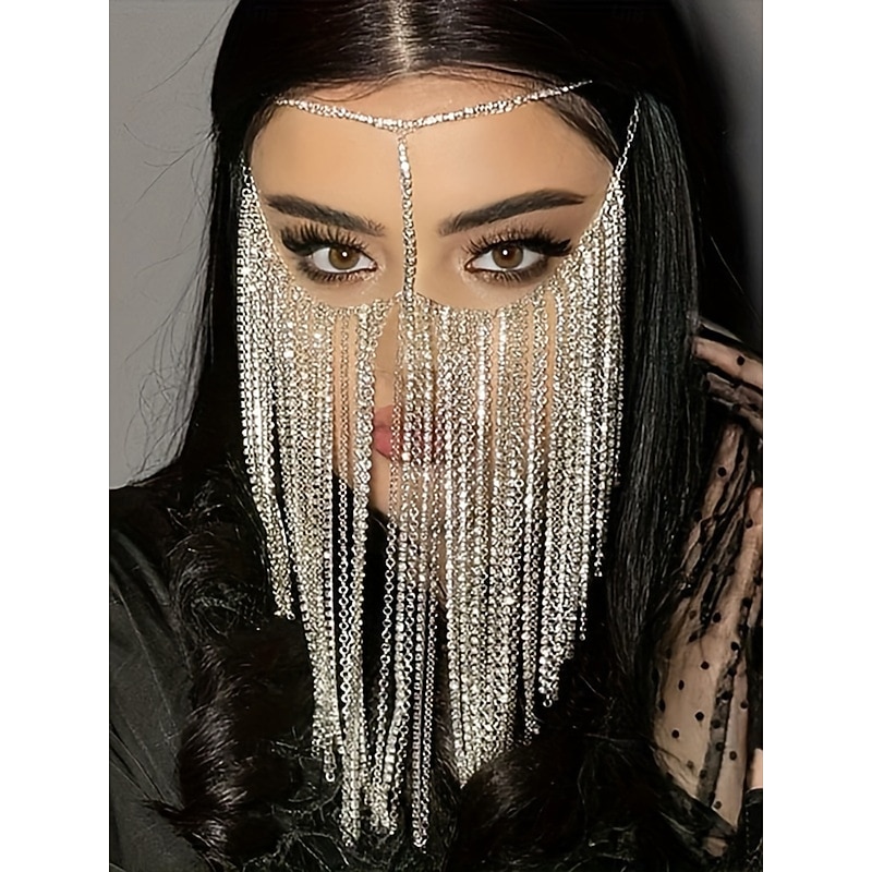 Women's Rhinestone Fringe Mask - Sparkling Tassel Face Jewelry Accessory for Party, Festival, Masquerade and Clubwear Events