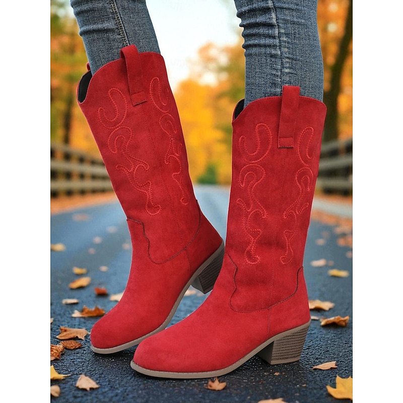 Women's Red Suede Cowboy Knee High Boots with Embroidered Western Design and Low Block Heel – Country Style Boots for Ladies, Ideal for Rodeo, Festivals & Casual Outfits