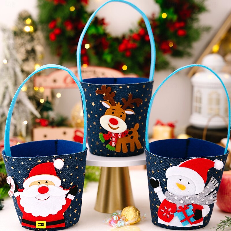 3pcs Christmas Denim Gift Bags, Creative Cartoon Tote Bags for Kids & Adults, Holiday Candy Bags and Handheld Party Favor Bags3