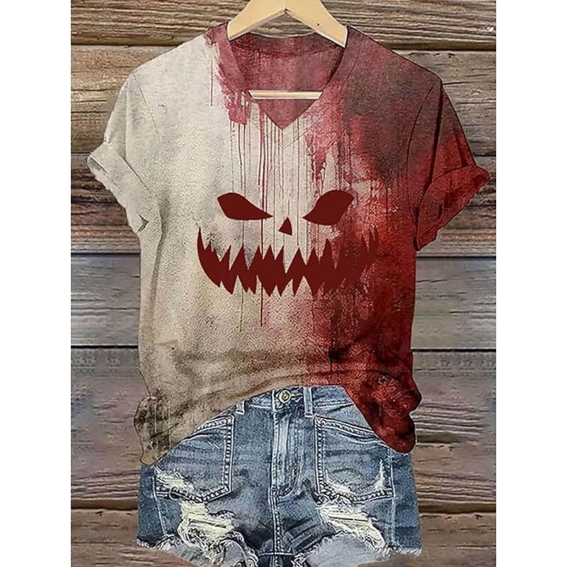 Halloween Women's T Shirt Graphic Pumpkin Vintage Stylish Classic Short Sleeve V Neck Regular Tops Daily Print Beige Summer Fall Winter