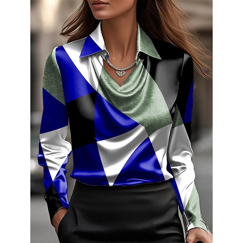 Women's Shirt Dressy Tops Formal Work Shirt Graphic Geometric Elegant Stylish Casual Long Sleeve Cowl Neck Regular Tops Work Party Evening Wear Daily Ruched Draped Red Blue Purple Green Summer Fall2