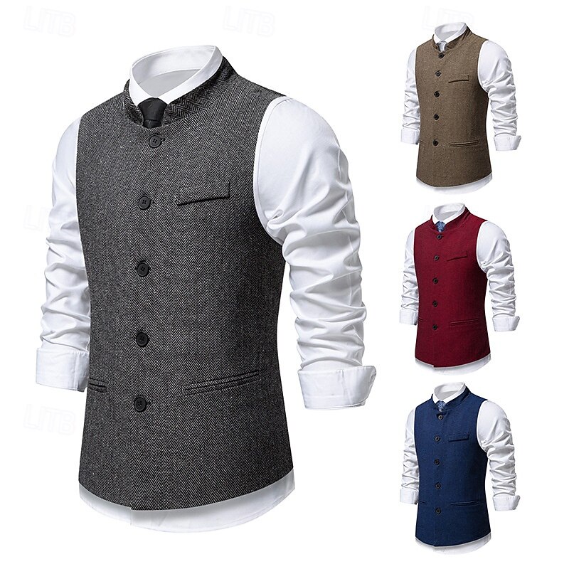 Men's Vest Waistcoat Gilet Vacation Party Business Fashion Casual Spring Fall Pocket Buttons Polyester Comfortable Plaid Stripes Single Breasted One-button Stand Collar Regular Fit Wine Navy Blue