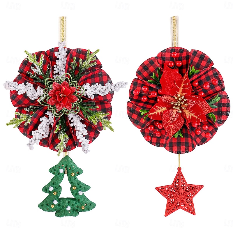 Christmas Wreath Hanging Decoration With Five Pointed Star Pendant For Door Window Ornament Holiday Party Supplies Christmas Tree Hanging Garland Home Indoor Outdoor Decor3