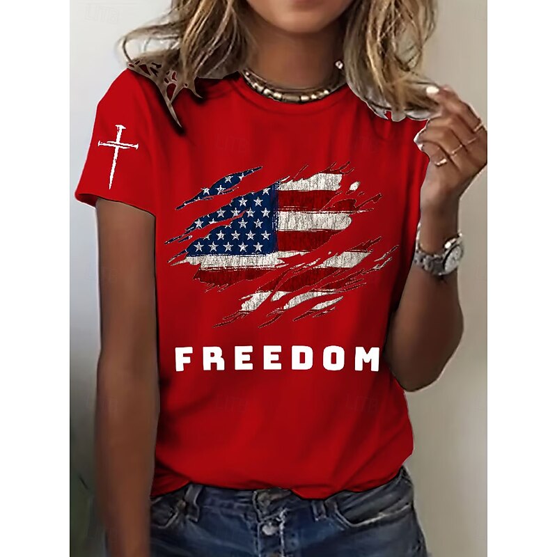 Women's T Shirt Graphic Letter American Flag Vintage Stylish Classic Short Sleeve Crew Neck Regular Tops Daily Print Black White Red Blue Summer Spring3