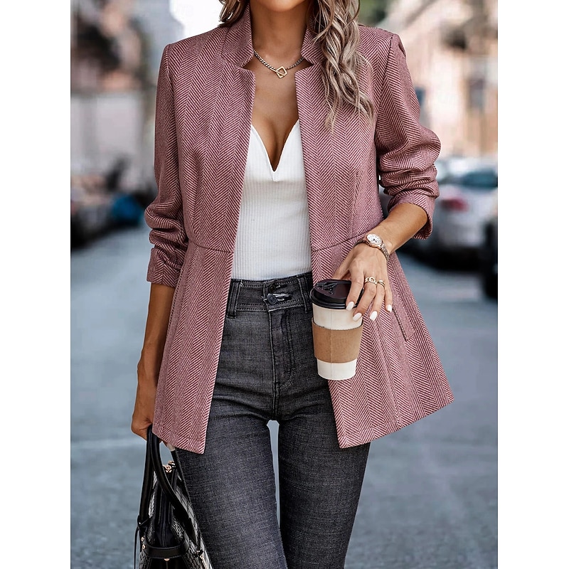 Women's Blazer Comfortable Breathable Pocket Casual Plain Office Street Casual Daily Wear Open Front Regular Stand Collar Regular Fit Long Sleeve Outerwear Black Pink Red Spring Fall