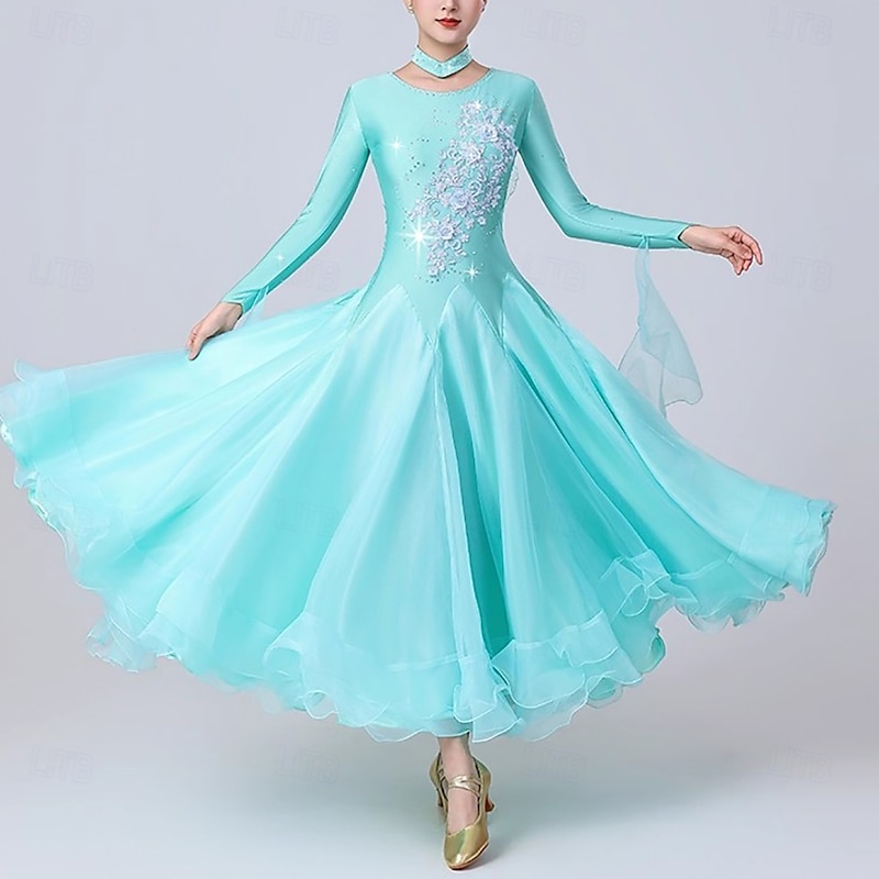Ballroom Dance Dress Rhinestone Splicing Women's Performance Training Long Sleeve Spandex Organza