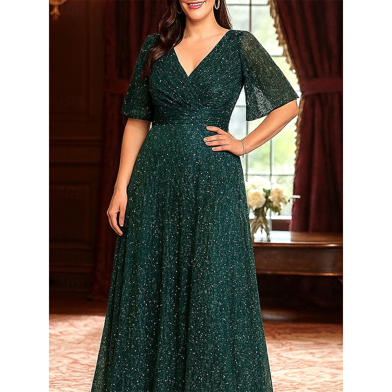 A-Line Mother of the Bride Dress Plus Size Sparkle & Shine V Neck Ankle Length Polyester Half Sleeve with Solid Color3
