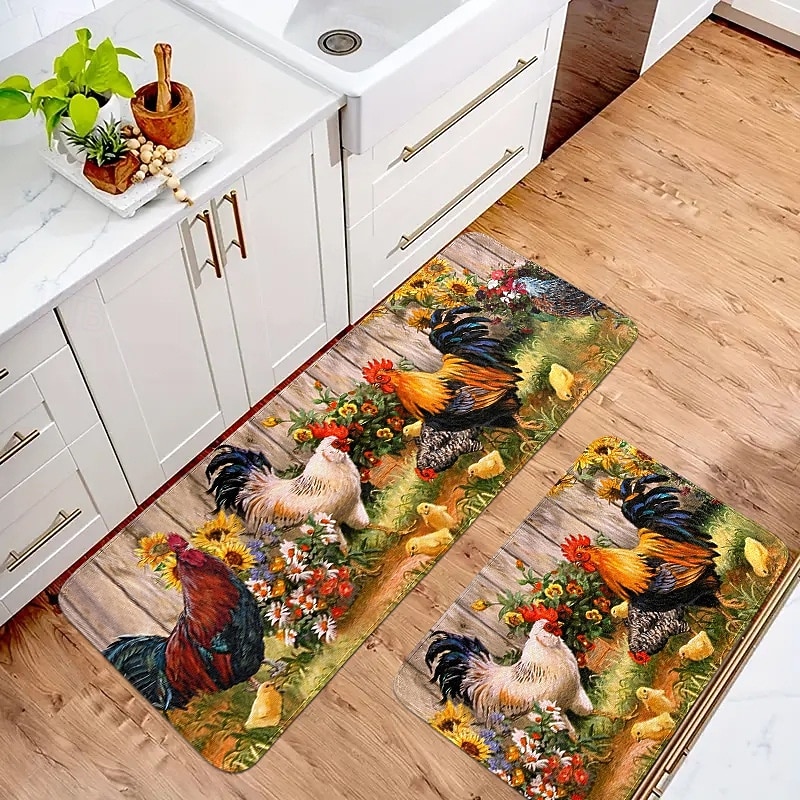 Kitchen Rugs & Mats Non-Skid Washable Anti-Fatigue, Non-Slip Absorbent Flannel Runner Rubber Backed for Floors, Machine Washable Farmhouse Rooster Standing Mats for Sink, Laundry Room, Hallway