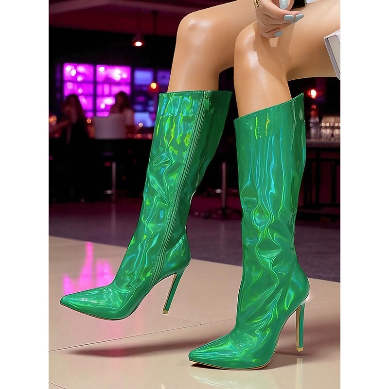 Women's Pink Holographic Knee High Boots - Shiny Pointed Toe Stiletto Heels for Nightlife & Club Party Outfits4