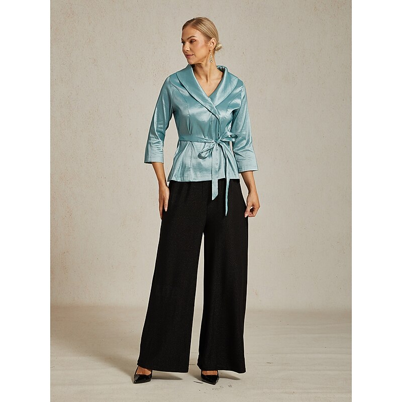 Women's Blouse Evening Tops Elegant Metallic Stylish 3/4 Length Sleeve V Neck Regular Tops Wedding Guest Evening Party Semi Formal Tie Front Dusty Blue Spring, Fall, Winter, Summer2