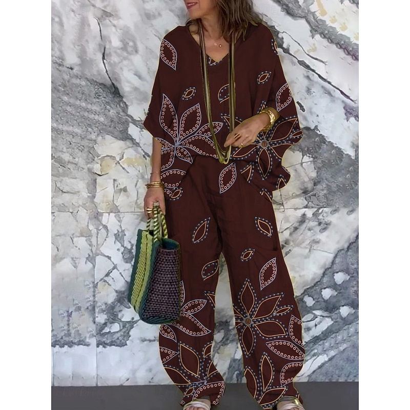 Women's Vacation Fashion Pants Sets 3/4 Length Sleeve V Neck Floral Print Vacation Daily Holiday Wine Green Summer Regular Fit