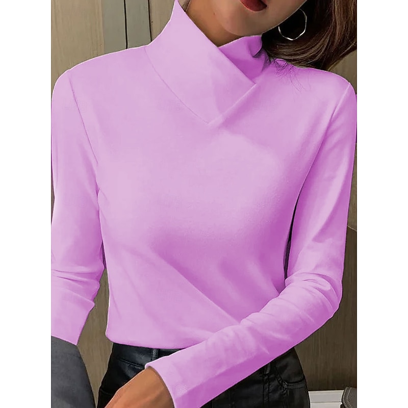 Women's T Shirt Plain Elegant Vintage Stylish Long Sleeve High Neck Regular Tops Daily Pink Blue Purple Orange Green Spring Fall Winter3