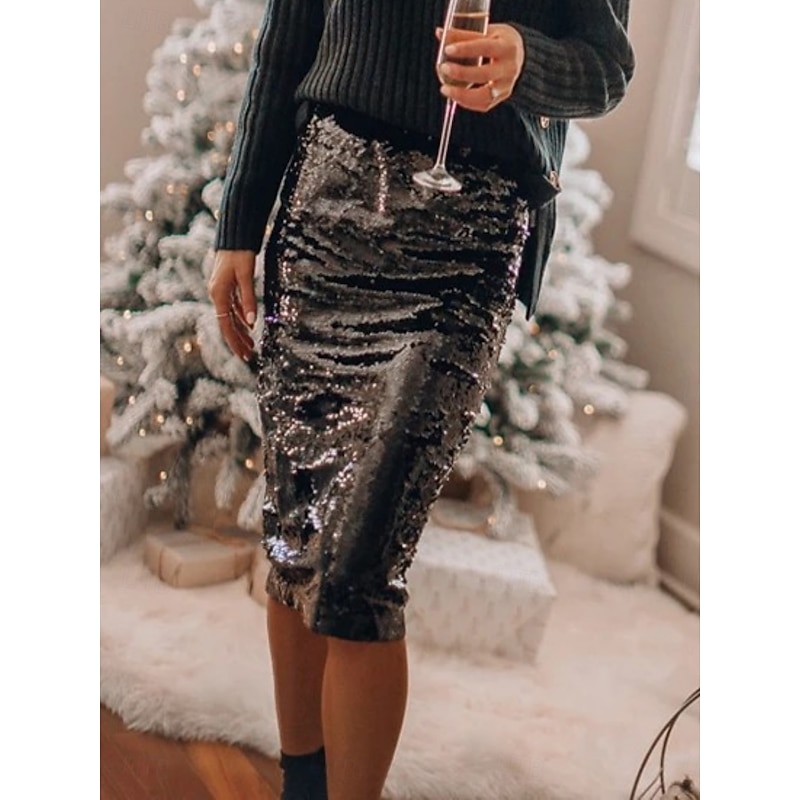 Women's Skirt Bodycon Fashion Casual Knee-length High Waist Skirts Plain Sequins Micro-elastic Party Street Black Champagne Spring Polyester3