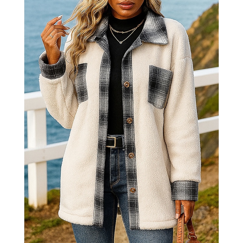 Women's Winter Coat Polar Fleece Jacket Buttons Long Sleeve Top Athleisure Plaid Checkered Windproof Warm Outdoor Travel Sports Sportswear Activewear Black White Red4