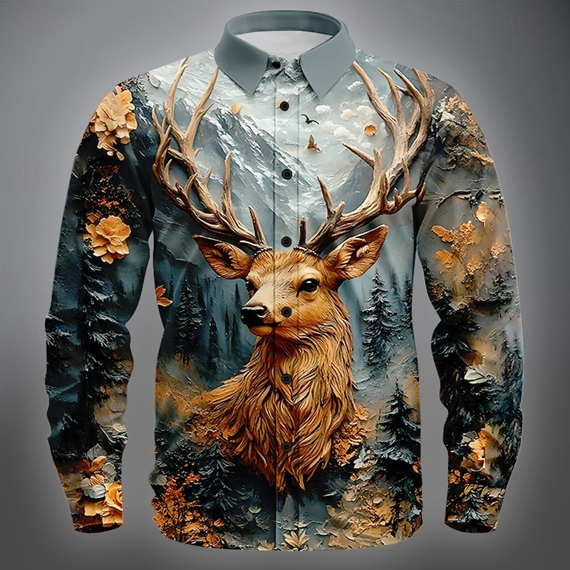 Men's Reindeer Floral Print Nature & Landscapes Shirt Button Up Shirt Long Sleeve Vintage Retro Outdoor Camping & Hiking Hunting Spring Fall Turndown 3D Print Linen Like Shirt Blue