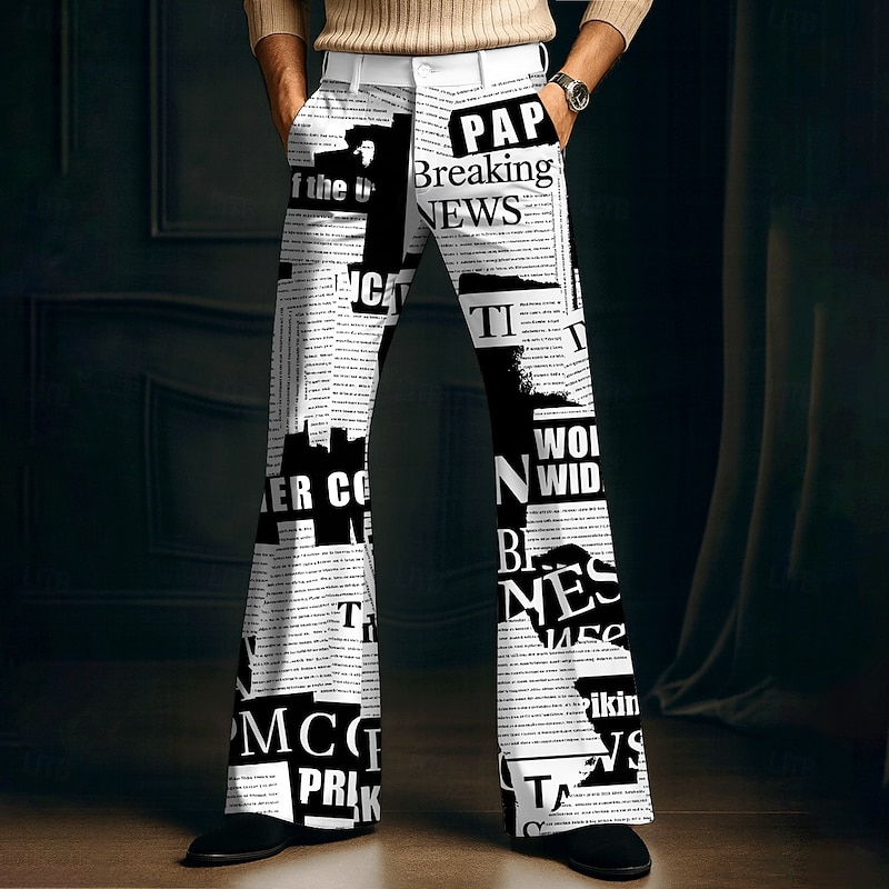 Men's Letter Printed Newspaper Disco Pants 60s 70s Bell Bottoms Mid Waist Vintage Retro Outdoor Vacation Party Side Pockets Flared Leg Pants Trousers Spring Fall 3D Print Black White