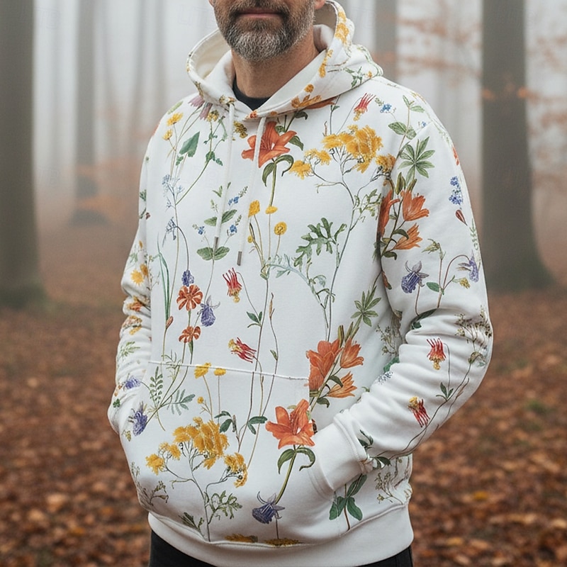 Halloween Men's Boho Paisley Damask Flower / Floral Hoodie Fashion Daily Hooded Vacation Party Streetwear White Green Printing Fall Winter Designer