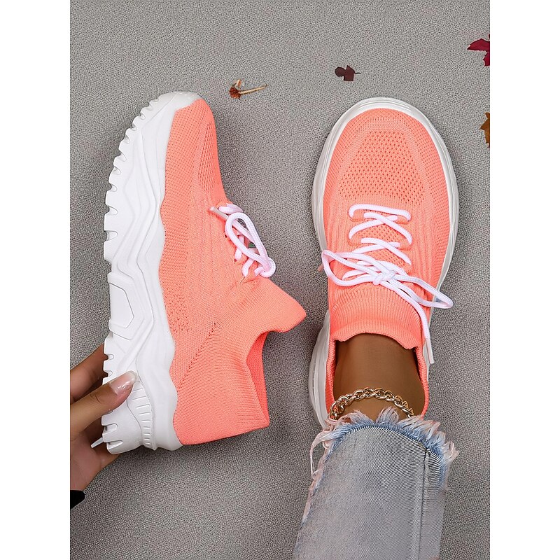 Women's Red Flyknit Chunky Sole Sneakers – Breathable Lace-Up Sports Shoes for Casual Streetwear and Gym Training4