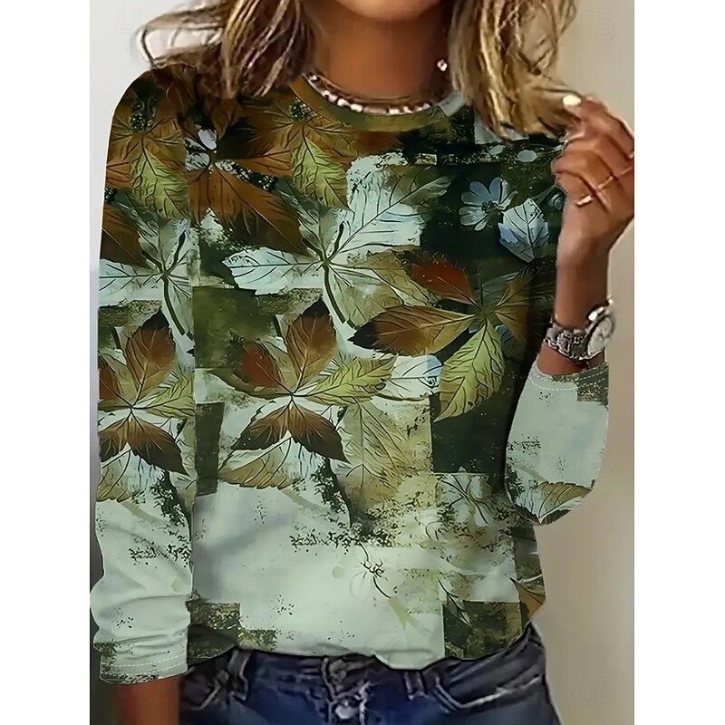 Women's T Shirt Graphic Plants Vintage Stylish Classic Long Sleeve Crew Neck Round Neck Regular Tops Daily Print Orange Green off-white Spring Fall Winter4