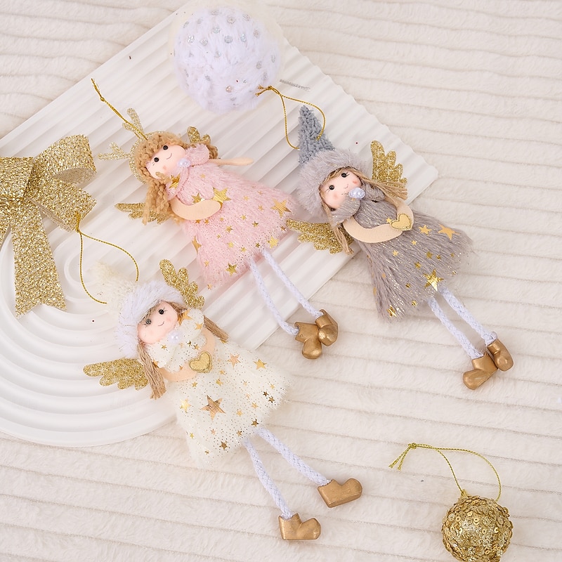 3pcs Christmas Angel Ornaments, Reindeer Antler Angel Hanging Decorations, Pink Winged Girl Angel Figurines, Small Tree Ornaments, Holiday Decor2