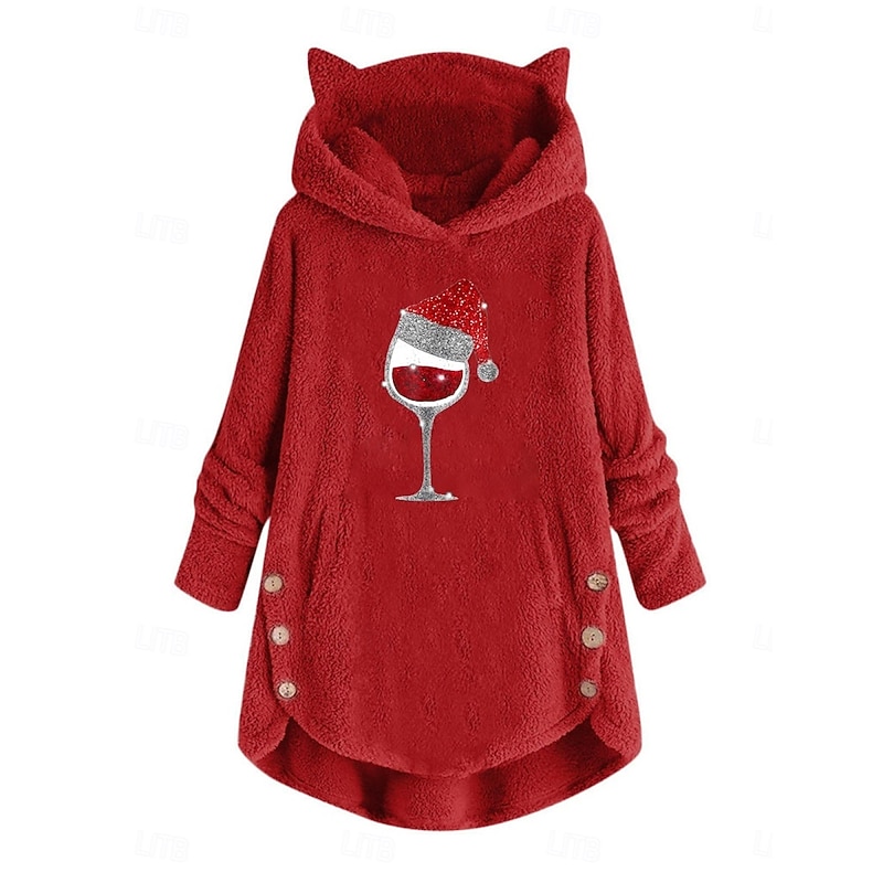 Women's Pullover Hoodie Sweatshirt Graphic Wine Glass Casual Long Sleeve Hooded Long Tops Street Dailywear Casual Pocket Print Pink Wine Gray Fall Winter2