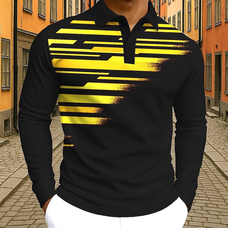 Men's Abstract Geometic Polo Long Sleeve Polo Shirts Lapel Casual Street Athleisure Daily Wear 3D Print Buttons Spring Fall Winter Lake blue Yellow Red3