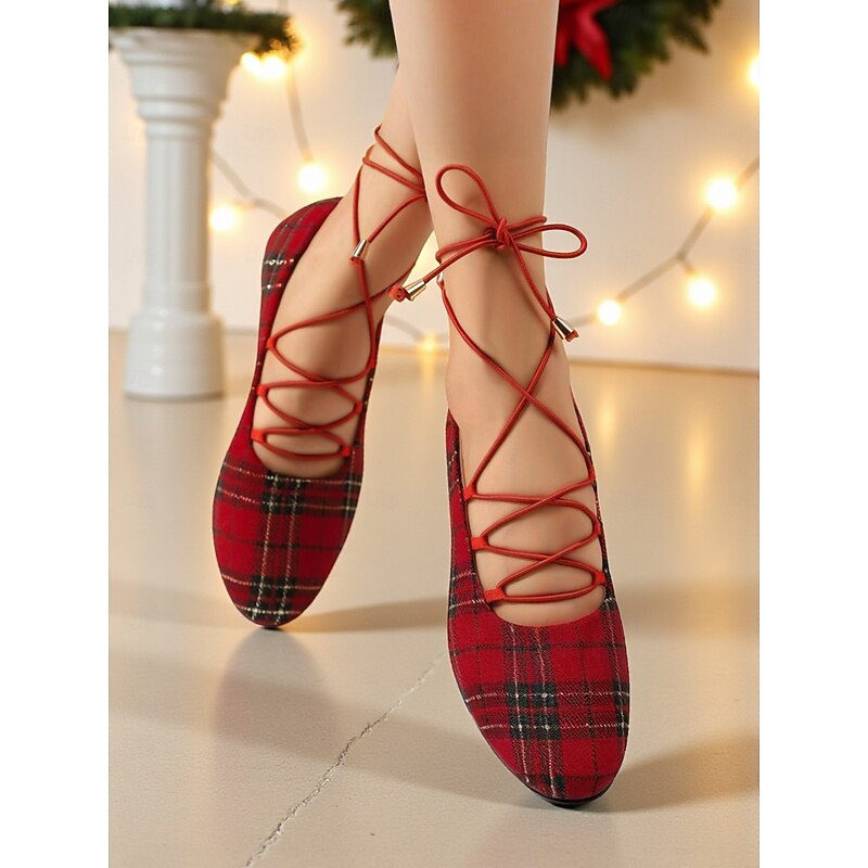 Women's Red Plaid Lace-Up Ballet Flats – Festive Christmas Party and Everyday Casual Shoes2