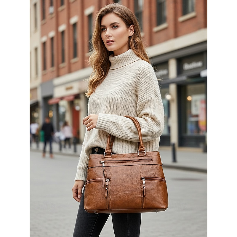 Women's Large Faux Leather Shoulder Tote Bag with Multiple Pockets, Stylish Handbag for Work, Travel and Everyday Use3